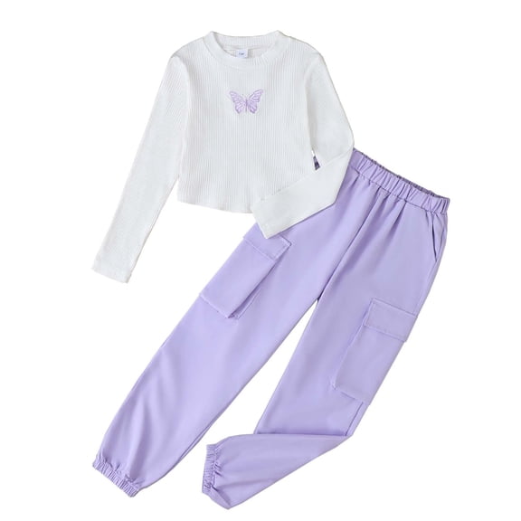 Kucnuzki 15 Years Big Girls Outfit Sets 16 Years Girl Winter Clothes Long Sleeves Knitted Top Butterfly Crop Tops Solid Color Cargo Pants Set 2pcs Youth Teen Clothing Purple