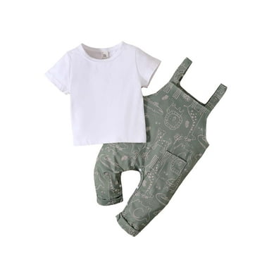 Kucnuzki 18 Months Baby Boy Summer Outfits Pants Sets 24 Months Short Sleeve Solid Color T-shirt Lion Prints Suspender Overalls 2PCS Set Multi-color