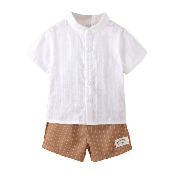 Kucnuzki 18 Months Baby Boy Summer Outfits Shorts Sets 24 Months Short Sleeve Gentle Stand Collar Shirt Tops WalkShorts 2PCS Set Beige