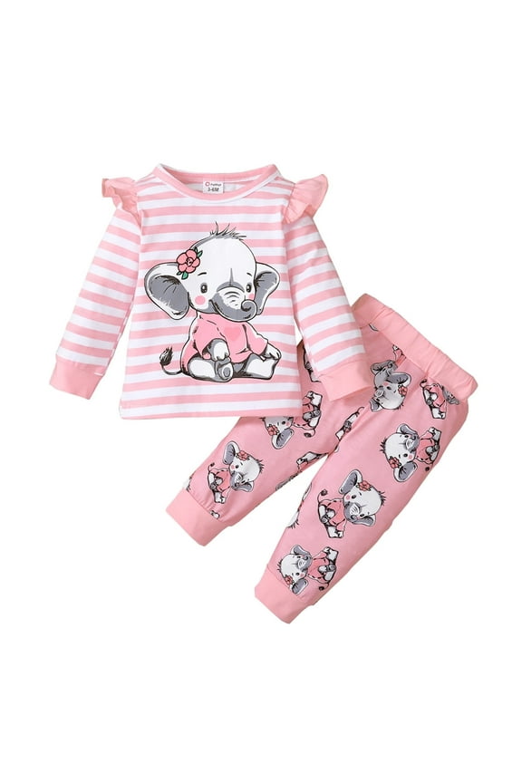 18 Months Baby Girl Fall-Winter Outfits Pants Sets 24 Months Long Sleeve Stripe Carton Elephant Prints Tops Elastic Pants 2PCS Set Pink