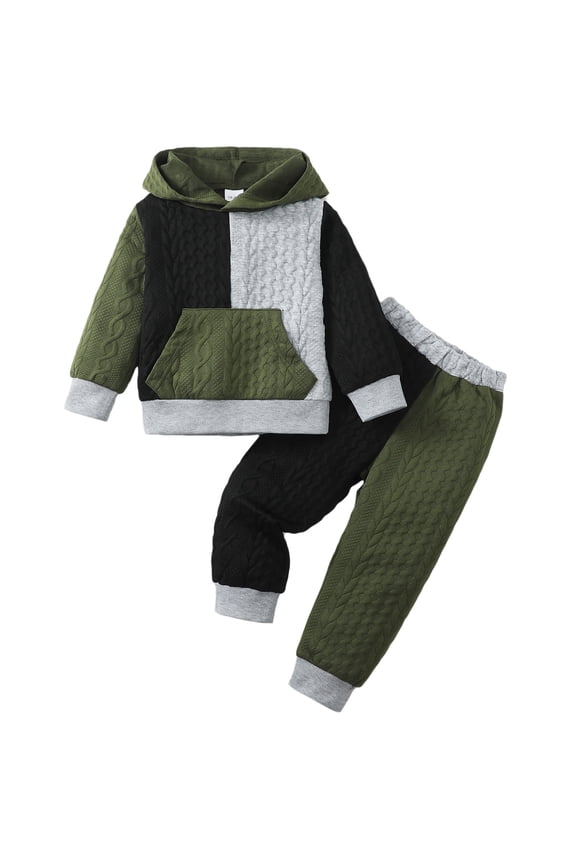 18 Months Infant Baby Boy Outfits 24 Months Winter Clothes Set Long Sleeves Pullover Hoodie Top with Pocket Color Block Pants Sets 2pcs Warm Clothing Green
