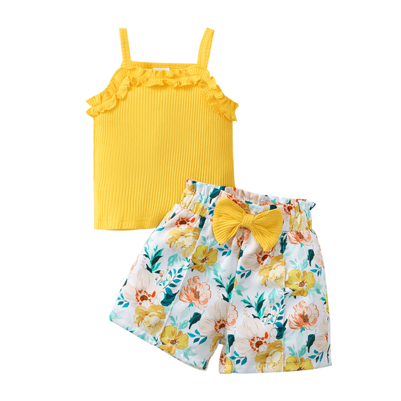 Kucnuzki 18 Months Infant Baby Girls Outfit Set 24 Months Child Girl Clothes Sleeveless Ruffle Top Solid Color Knitted Tops Bowknot Floral Shorts Sets 2pcs Clothing Yellow