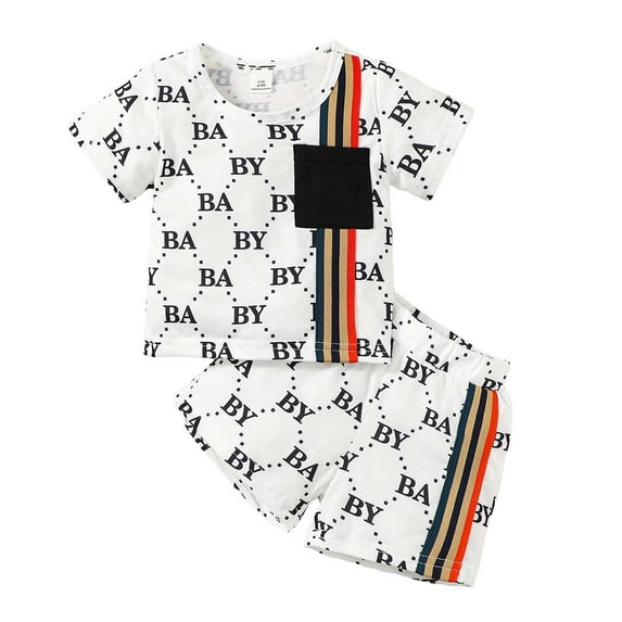 Kucnuzki 18 Months Infant Boy Summer Outfits Shorts Sets 24 Months Short Sleeve Monogram Prints T-Shirt Tops WalkShorts 2PCS Set White