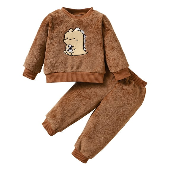 Kucnuzki 18 Months Newborn Baby Boy Winter Outfits Pants Sets 24 Months Long Sleeve Classic Dinosaur Prints Fluffy Pull-over Elastic Pants 2PCS Set Brown