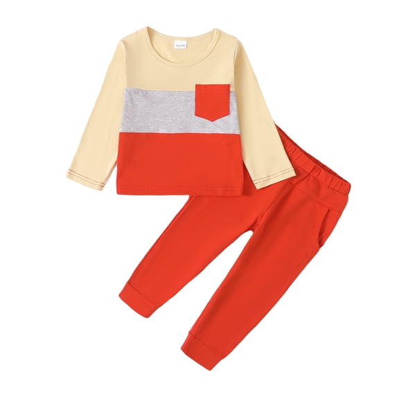 Kucnuzki 18 Months Newborn Baby Boy Winter Outfits Pants Sets 24 Months Long Sleeve Color-Blcoked Patchwork Pocket Pull-Over Top Elastic Pants 2PCS Set Beige