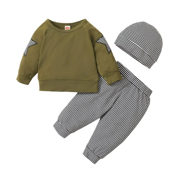 Kucnuzki 18 Months Newborn Baby Boy Winter Outfits Pants Sets 24 Months Long Sleeve Striped Star Prints Panel Solid Color Top Elastic Striped Pants Hat 3PCS Set Green