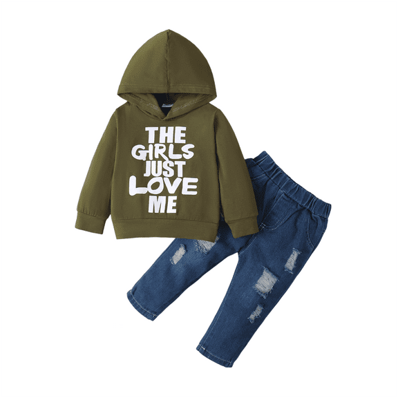 Kucnuzki 18 Months Newborn Baby Boy Winter Outfits Pants Sets 24 Months Long Sleeve Cool Letter Prints Hoodie Sweatshirt Elastic Pants 2PCS Set Green