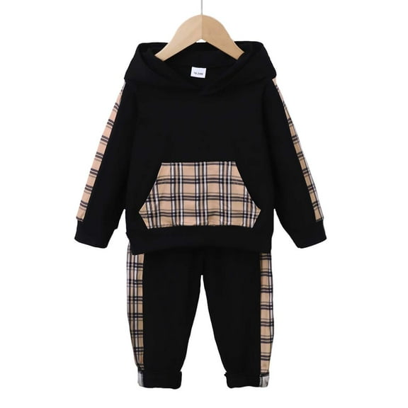 Kucnuzki 18 Months Newborn Baby Boy Winter Outfits Pants Sets 24 Months Long Sleeve Plaid Prints Pocket Hoodie Top Elastic Pants 2PCS Set Black