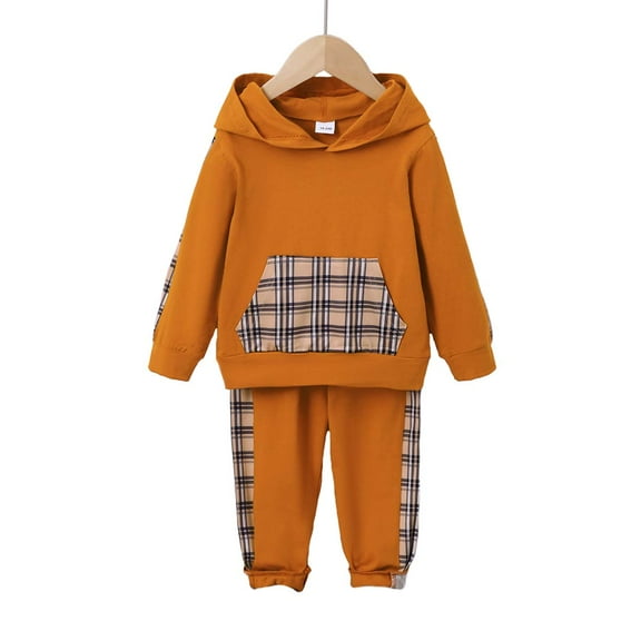 Kucnuzki 18 Months Newborn Baby Boy Winter Outfits Pants Sets 24 Months Long Sleeve Plaid Prints Pocket Hoodie Top Elastic Pants 2PCS Set Brown