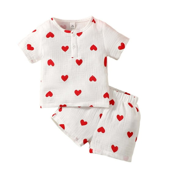 Kucnuzki 2T Baby Girl Summer Outfits Shorts Sets 3T Short Sleeve Heart Prints T-shirt Top Elastic Shorts 2PCS Set White