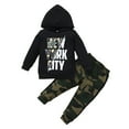 thumbnail image 1 of Kucnuzki 2T Toddler Boy Fall-Winter Outfits Pants Sets 4T Toddler Boy Long Sleeve NEW YORK CITY Letter Prints Hooded Sweatshirt Hooded Tops Elastic Camouflage Pants 2PCS Set Black, 1 of 8