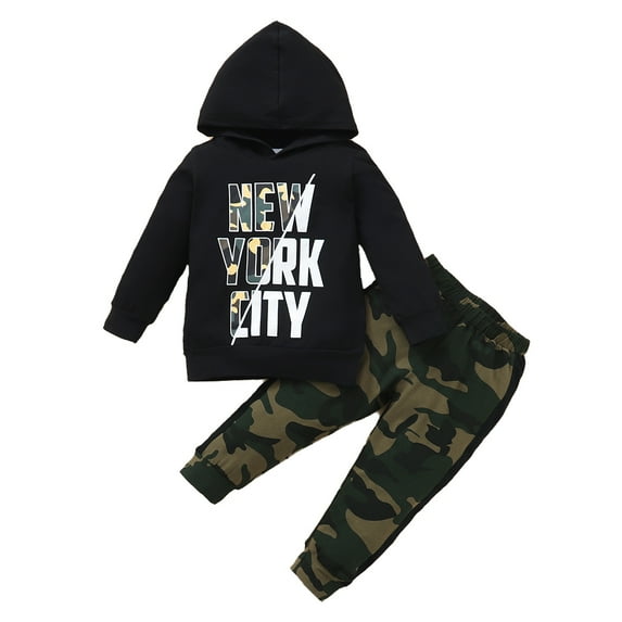 Kucnuzki 2T Toddler Boy Fall-Winter Outfits Pants Sets 4T Toddler Boy Long Sleeve NEW YORK CITY Letter Prints Hooded Sweatshirt Hooded Tops Elastic Camouflage Pants 2PCS Set Black