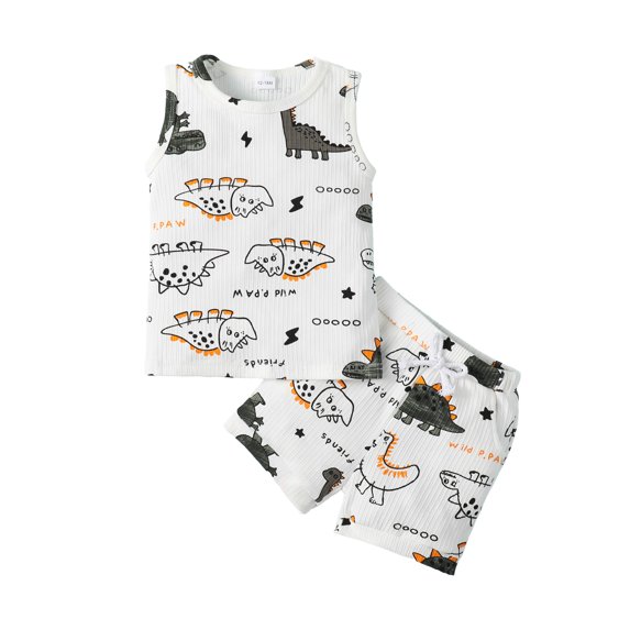 Kucnuzki 2T Toddler Boy Spring Summer Outfits Shorts Sets 3T Sleeveless Dinosaur Pattern Casuak Tank Top Elastic Dino Prints Shorts 2PCS Set White