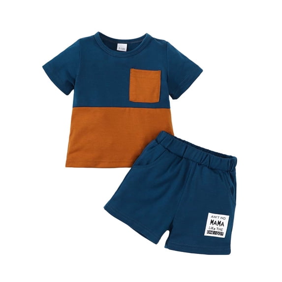 Kucnuzki 2T Toddler Boy Summer Outfits Shorts Sets 3T Short Sleeve Basic Color-Blocked T-Shirt Tops WalkShorts 2PCS Set Blue