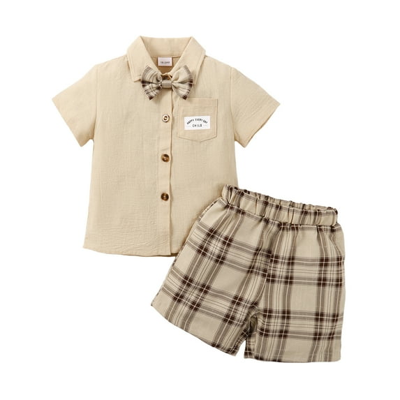 Kucnuzki 2T Toddler Boy Summer Outfits Shorts Sets 3T Short Sleeve Solid Color Gentle Lapel Shirt Tops Checkboards Prints WalkShorts 2PCS Set Apricot
