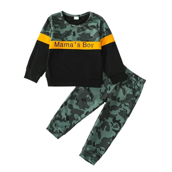 Kucnuzki 2T Toddler Boy Winter Outfits Pants Sets 3T Long Sleeve MaMa'S Boy Prints Camou Panel Pull-Over Top Elastic Pants 2PCS Set Black
