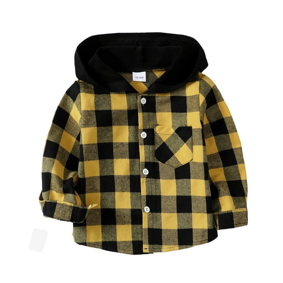 Kucnuzki 2T Toddler Boy Winter Tops Baby Boy Coats 3T Long Sleeve Classic Plaid Prints Hoodie Pull-Over Yellow