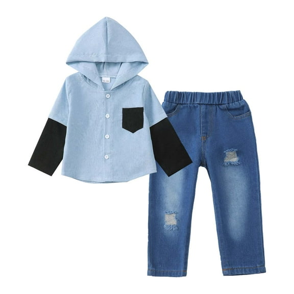 Kucnuzki 2T Toddler Boys Outfit Set 3T Child Winter Clothes Long Sleeves Color Block Hooded Shirt Top Ripped Denim Pants Sets 2pcs Outwear Blue