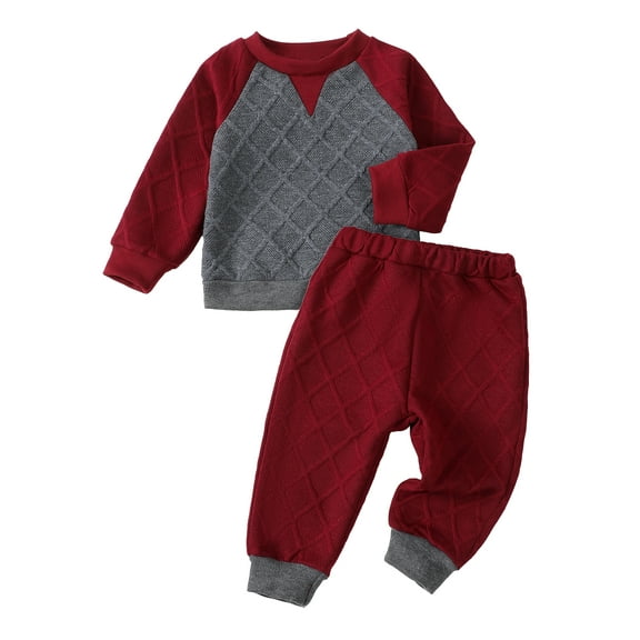Kucnuzki 2T Toddler Boys Pant Sets 3T Toddler Boys Fall Winter Outfits Long Sleeves Sweatshirt Top Color Block Twist Top Solid Color Pants 2pcs Red