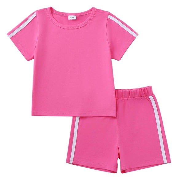 Kucnuzki 2T Toddler Girl Outtfit Set 3T Girls Summer Clothes Sets Short Sleeves T-shirt Top Color Block Shorts 2pcs Clothing Pink 2-3Y
