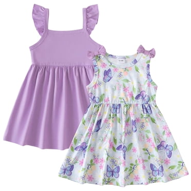 Kucnuzki 2T Toddler Girl Summer Dress 2 Packs 3T Sundress Halter A-line Dresses Butterfly Print Solid Color 2pcs Casual Dresses Clothes Purple