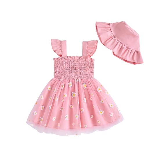 Kucnuzki 2T Toddler Girls Dress 3T Toddler Girls Summer Clothes Ruffle Sleeveless A-line Tulle Dress Bow Floral Dress One-piece Overalls with Hat 2PCS 2-3 Years Pink