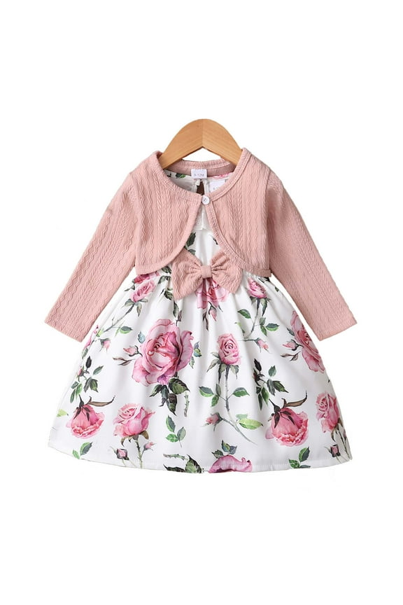 2T Toddler Girls Dress Sets 3T Toddler Girls Sleeveless Floral Dress Ruffle Bowknot A-line Dress Long Sleeves Short Coat Top Fall Winter Pink