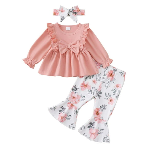 Kucnuzki 2T Toddler Girls Outfit Set 3T Kid Child Winter Clothes Ruffle Long Sleeves Bowknot Solid Color Pullover Top Floral Flared Pants with Headband 3pcs Clothing Pink