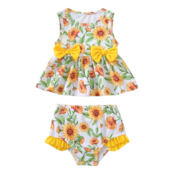 Kucnuzki 2T Toddler Girls Swimsuit Set 3T Kid Girl Bathing Suit Ruffle Sleeveless Floral Bowknot Beach Bikini Tankini Swimwear 2pcs Yellow