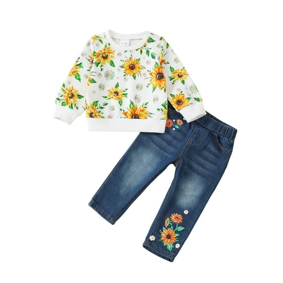 Kucnuzki 2T Toddler Girls Winter Outfits 3T Toddler Girls Warm Clothing Sets Long Sleeves Pullover Sweatshirt Floral Top Flowers Denim Pants Jeans 2pcs Pant Sets Yellow