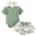 thumbnail image 1 of Kucnuzki 3 Months Baby Girl Summer Outfits Shorts Sets 6 Months Short Sleeve Rib Knitted Romper Top Elastic Floral Briefs Shorts Headband 3PCS Set Green, 1 of 9