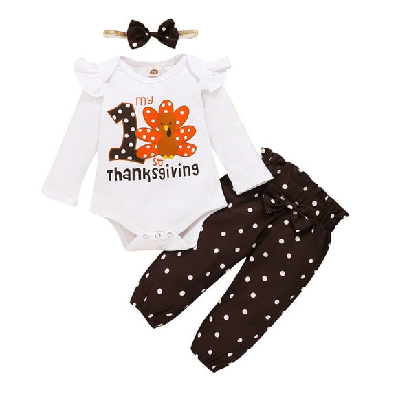 Kucnuzki 3 Months Baby Girl Winter Outfits Pants Sets 6 Months Long Sleeve Cute Thanksgiving Day Theme Letter Casuak Romper Elastic Dot Prints Pants Headband 3PCS Set White