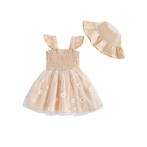Kucnuzki 3 Months Newborn Baby Girls Dress 6 Months Girls Summer Clothes Ruffle Sleeveless A-line Tulle Dress Bow Floral Dress One-piece Overalls with Hat 2PCS 3-6 Months Apricot