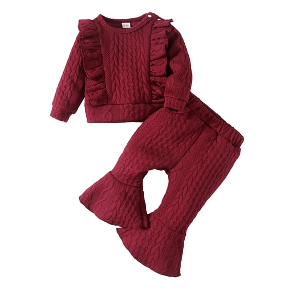 Kucnuzki 3T Toddler Baby Girl Winter Outfits Pants Sets 4T Long Sleeve Pure Color Casual Embroidered Top Elastic Flare Pants 2PCS Set Red