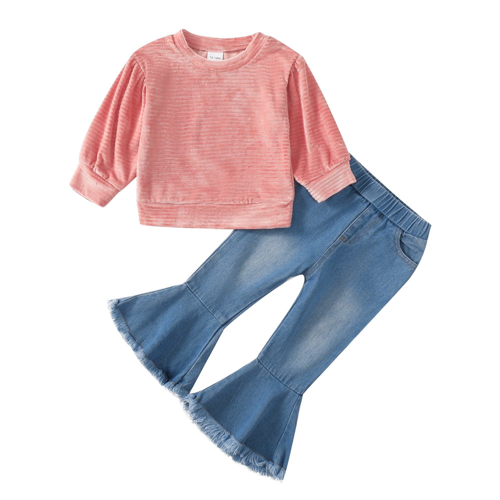 Kucnuzki 3T Toddler Baby Girl Winter Outfits Pants Sets 4T Long Sleeve Solid Color Velet Pull-Over Elastic Denim Flare Pants 2PCS Set Pink