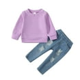 thumbnail image 1 of Kucnuzki 3T Toddler Baby Girl Winter Outfits Pants Sets 4T Long Sleeve Solid Color Waffle Pull-Over Elastic Denim Pants 2PCS Set Purple, 1 of 9