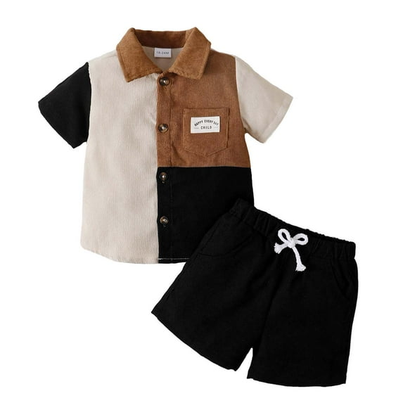 Kucnuzki 3T Toddler Boy Summer Outfits Shorts Sets 4T SShort Sleeve Cool Color-Blocked Pit Stripe Lapel Shirt WalkShorts 2PCS Set Black