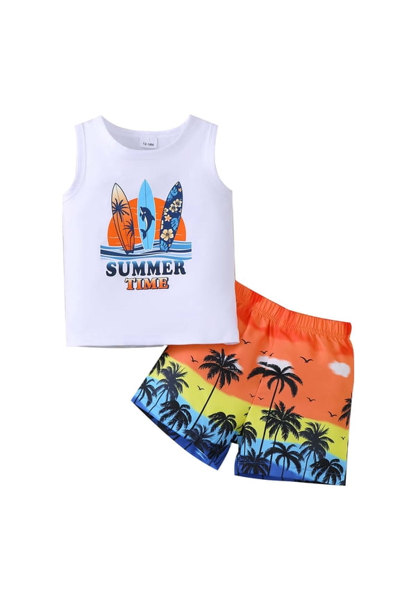 3T Toddler Boys Outfit Set 4T Child Boy Summer Clothes Sleeveless Letter Print Tank Top Coconut Trees Shorts Sets 2pcs Causal Clothing White