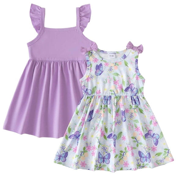 Kucnuzki 3T Toddler Girl Summer Dress 2 Packs 4T Sundress Halter A-line Dresses Butterfly Print Solid Color 2pcs Casual Dresses Clothes Purple