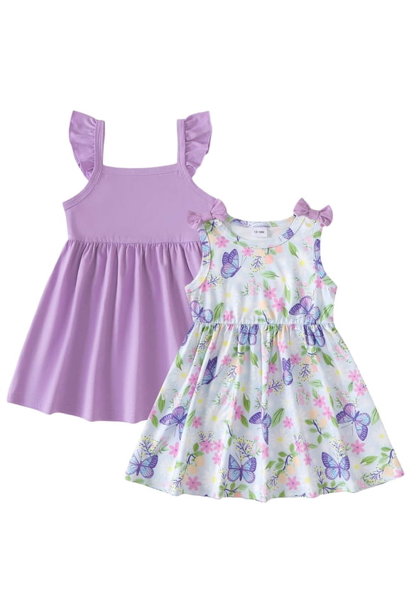 3T Toddler Girl Summer Dress 2 Packs 4T Sundress Halter A-line Dresses Butterfly Print Solid Color 2pcs Casual Dresses Clothes Purple