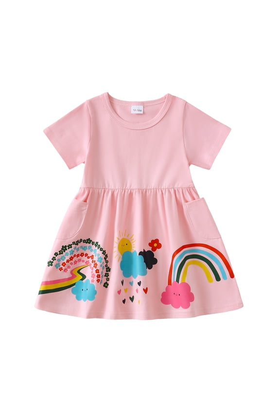 3T Toddler Girls Dress 4T Toddler Girls Summer Clohthes Short Sleeves A-line Dress Rainbow Print One-piece Overalls Pink 3-4 Years