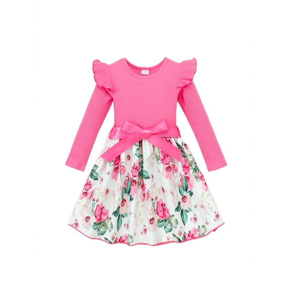 Kucnuzki 3T Toddler Girls Dress 4T Toddler Girls Winter Clothes Ruffle Long Sleeves Knit Dress Waistband Floral Dress A-line One-piece Overalls Baby Girls Dress Pink