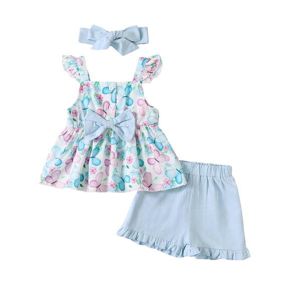 Kucnuzki 3T Toddler Girls Summer Outfit Set 4T Child Girl Clothes Set Ruffle Sleeveless Bowknot Butterfly Top Solid Color Shorts Sets with Headband 3pcs Clothing Blue