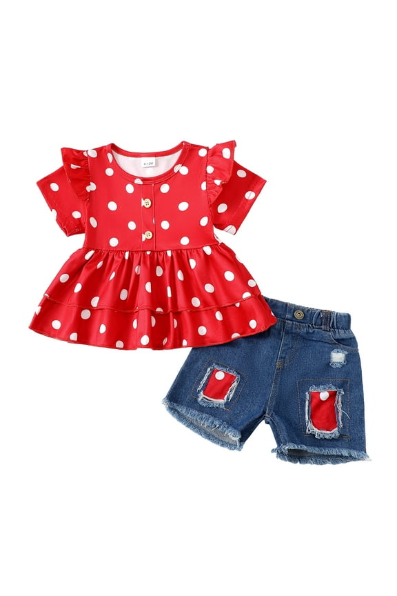 3T Toddler Girls Summer Outfits 4T Toddler Girls Casual Clothes Sets Ruffle Short Sleeves T-shirt Classic Dots Pullover Top Ripped Denim Shorts Sets 2pcs Red