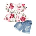 thumbnail image 1 of Kucnuzki 3T Toddler Girls Summer Outfits 4T Toddler Girls Clothes Sets Ruflle Short Sleeves Pullover Top Floral T-shirt Ripped Denim Shorts Sets 2pcs White, 1 of 9
