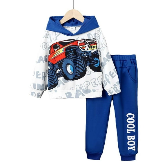 Kucnuzki 4T Little Boy Winter Outfits Pants Sets 5T Long Sleeve Car Prints Letter Panel Hoodie Sweatshirt Elastic Pants 2PCS Set Yellow