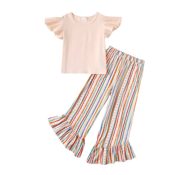 Kucnuzki 4T Toddler Baby Girl Spring Summer Outfits Pants Sets 5T Fly Sleeve Pure Color Casauk Tee Top Elastic Striped Flare Pants 2PCS Set Beige