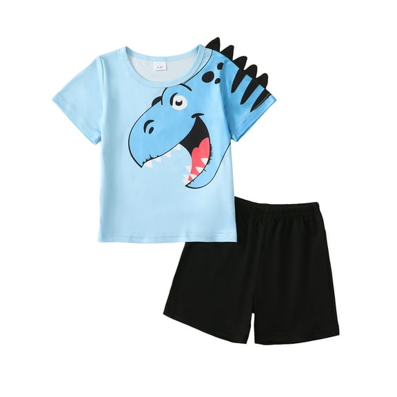 Kucnuzki 4T Toddler Boy Spring Summer Outfits Shorts Sets 5T Short Sleeve Big Dino Looking Prints Tee Top Elastic Shorts 2PCS Set Blue