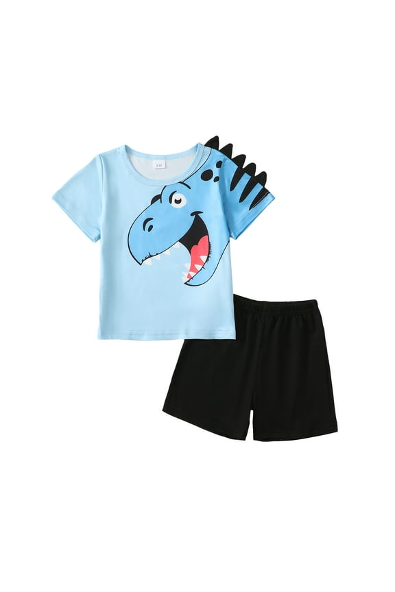 4T Toddler Boy Spring Summer Outfits Shorts Sets 5T Short Sleeve Big Dino Looking Prints Tee Top Elastic Shorts 2PCS Set Blue
