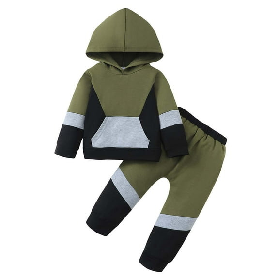 Kucnuzki 4T Toddler Boys Outfits 5T Kids Child Winter Clothes Set Long Sleeves Pullover Hoodie Top with Pocket Color Block Pants 2pcs Warm Clothing Green